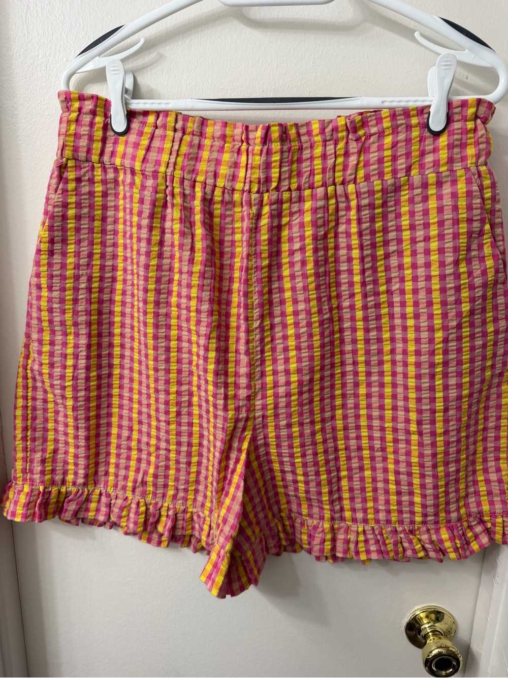 Noisy may Pink & Yellow Check Ruffle-Hem High Waist Shorts